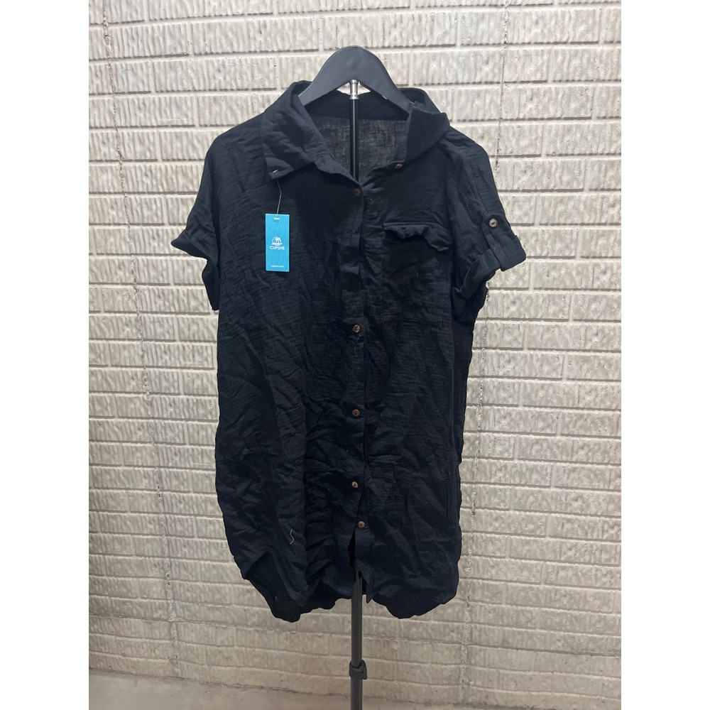 Cupshe Black Textured Button Down Swim Cover Up Shirt Short Sleeve XL CAA05A4F02
